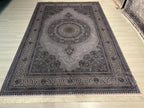 7x10 ft Gray Silk Rug, Blue Medallion Design, Elegant Turkish Area Rug