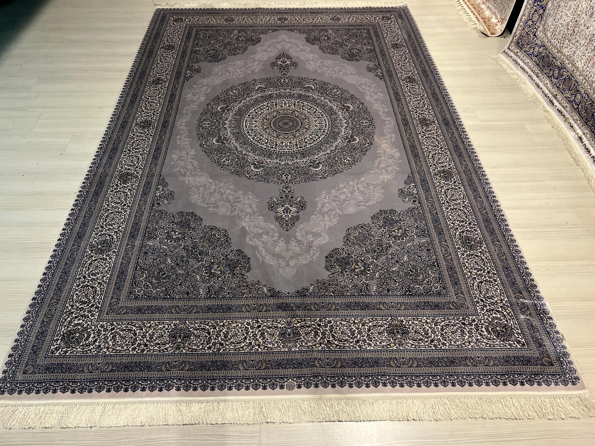 7x10 ft Gray Silk Rug, Blue Medallion Design, Elegant Turkish Area Rug