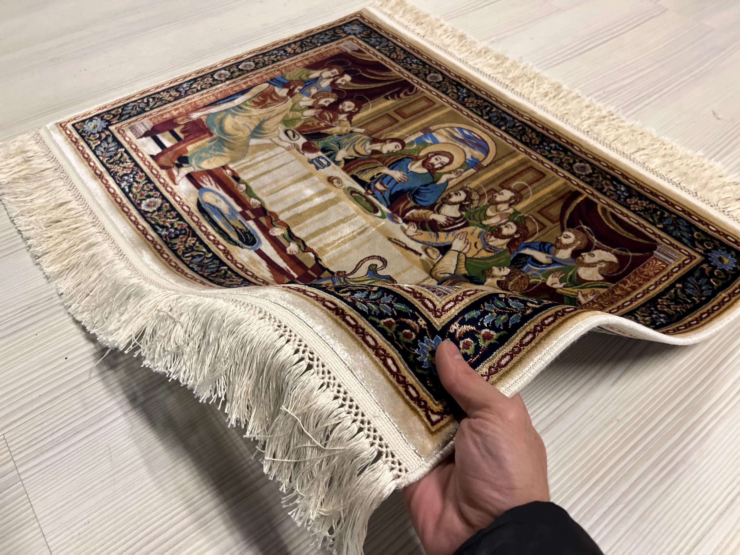 2x3 Last Supper Rug, Christian Tableau, Modal Silk Wall Decor, Religious Tapestry