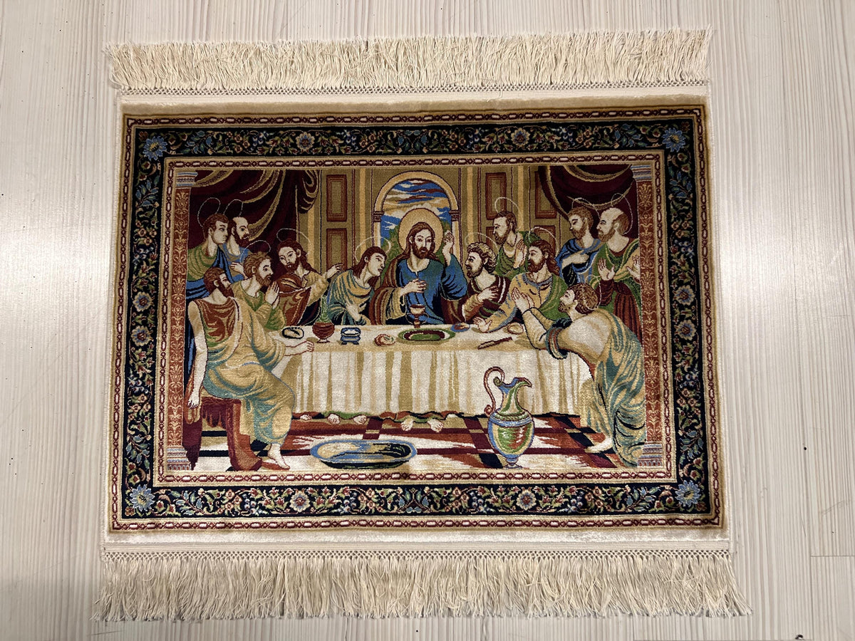 2x3 Last Supper Rug, Christian Tableau, Modal Silk Wall Decor, Religious Tapestry