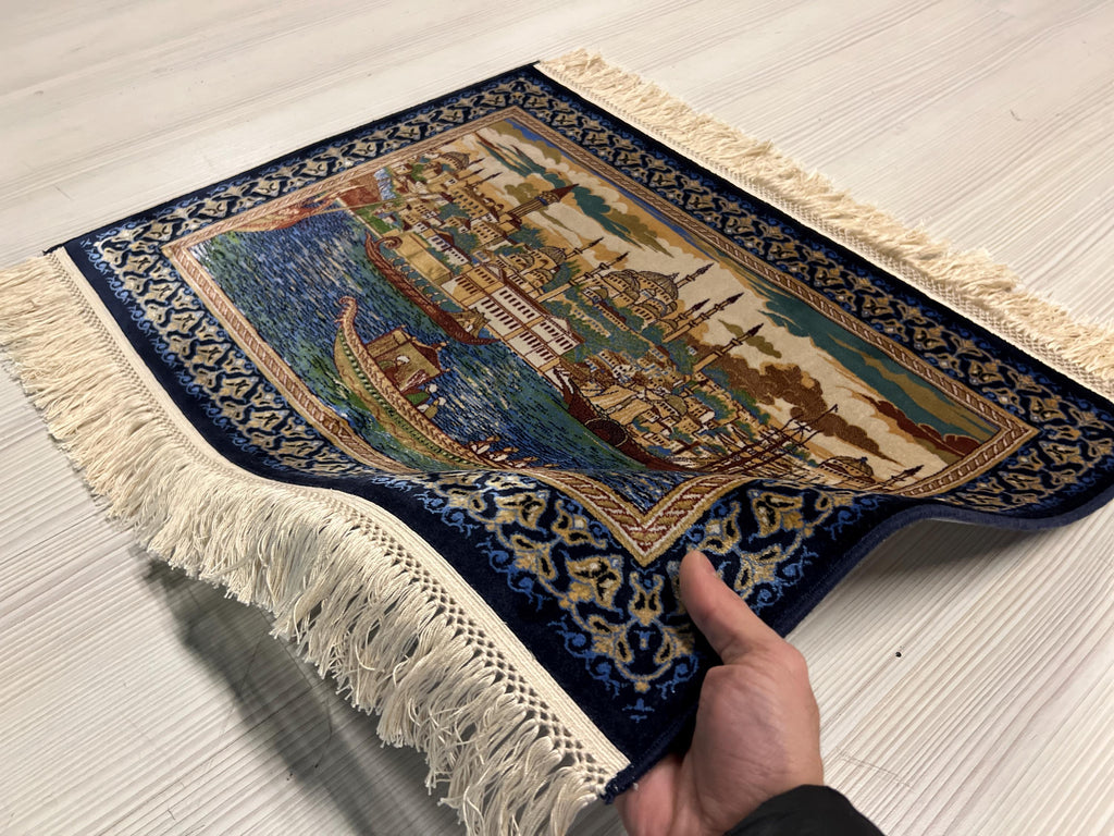 2x3 Sultanahmet Skyline Rug, Istanbul Cityscape Tableau, Ottoman Boats Scene, Blue Modal Silk Wall Decor