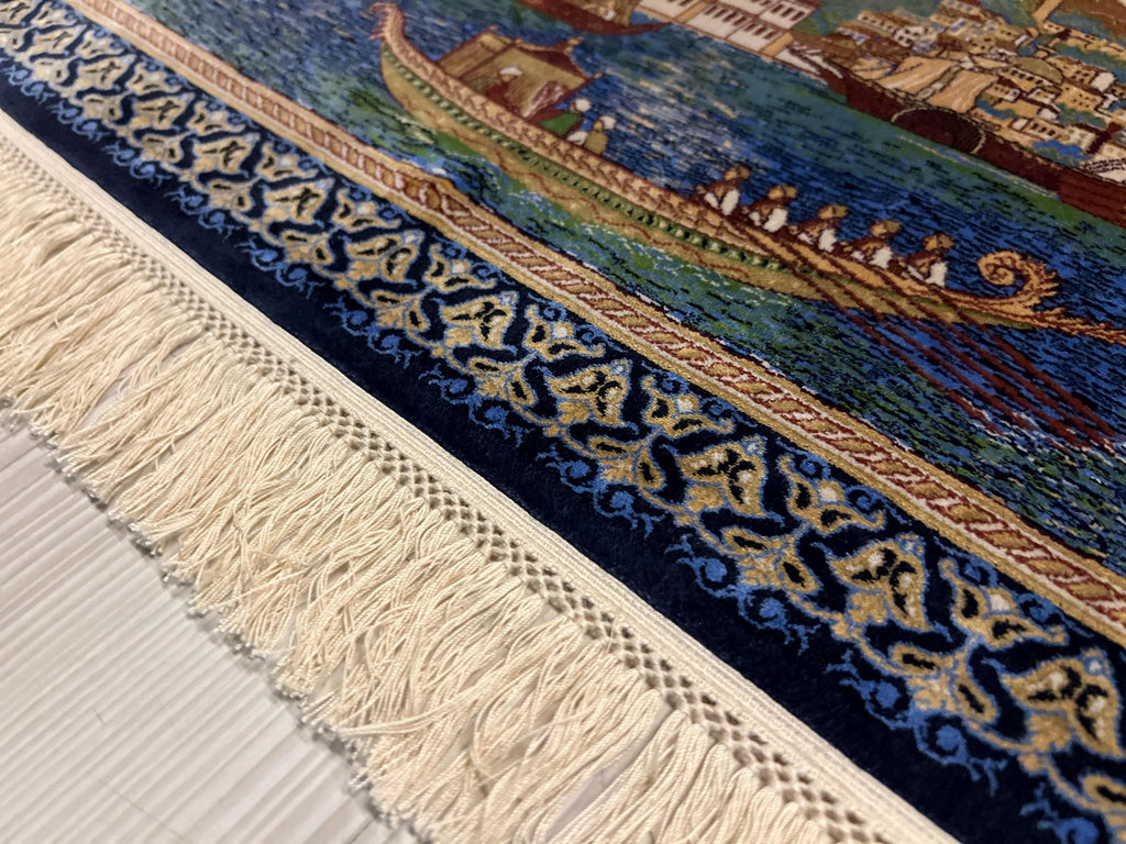 2x3 Sultanahmet Skyline Rug, Istanbul Cityscape Tableau, Ottoman Boats Scene, Blue Modal Silk Wall Decor