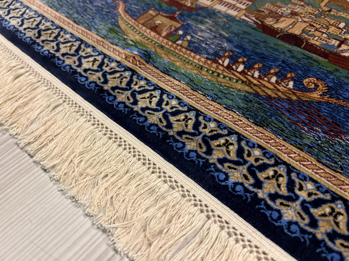 2x3 Sultanahmet Skyline Rug, Istanbul Cityscape Tableau, Ottoman Boats Scene, Blue Modal Silk Wall Decor