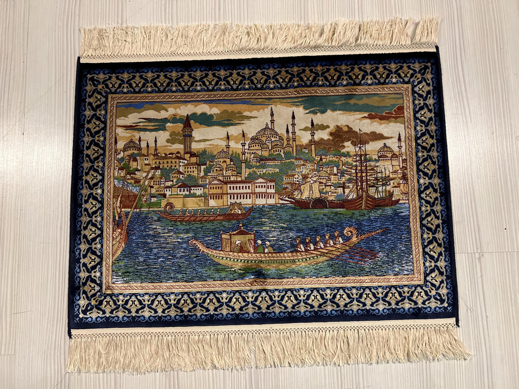 2x3 Sultanahmet Skyline Rug, Istanbul Cityscape Tableau, Ottoman Boats Scene, Blue Modal Silk Wall Decor