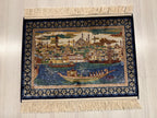 2x3 Sultanahmet Skyline Rug, Istanbul Cityscape Tableau, Ottoman Boats Scene, Blue Modal Silk Wall Decor