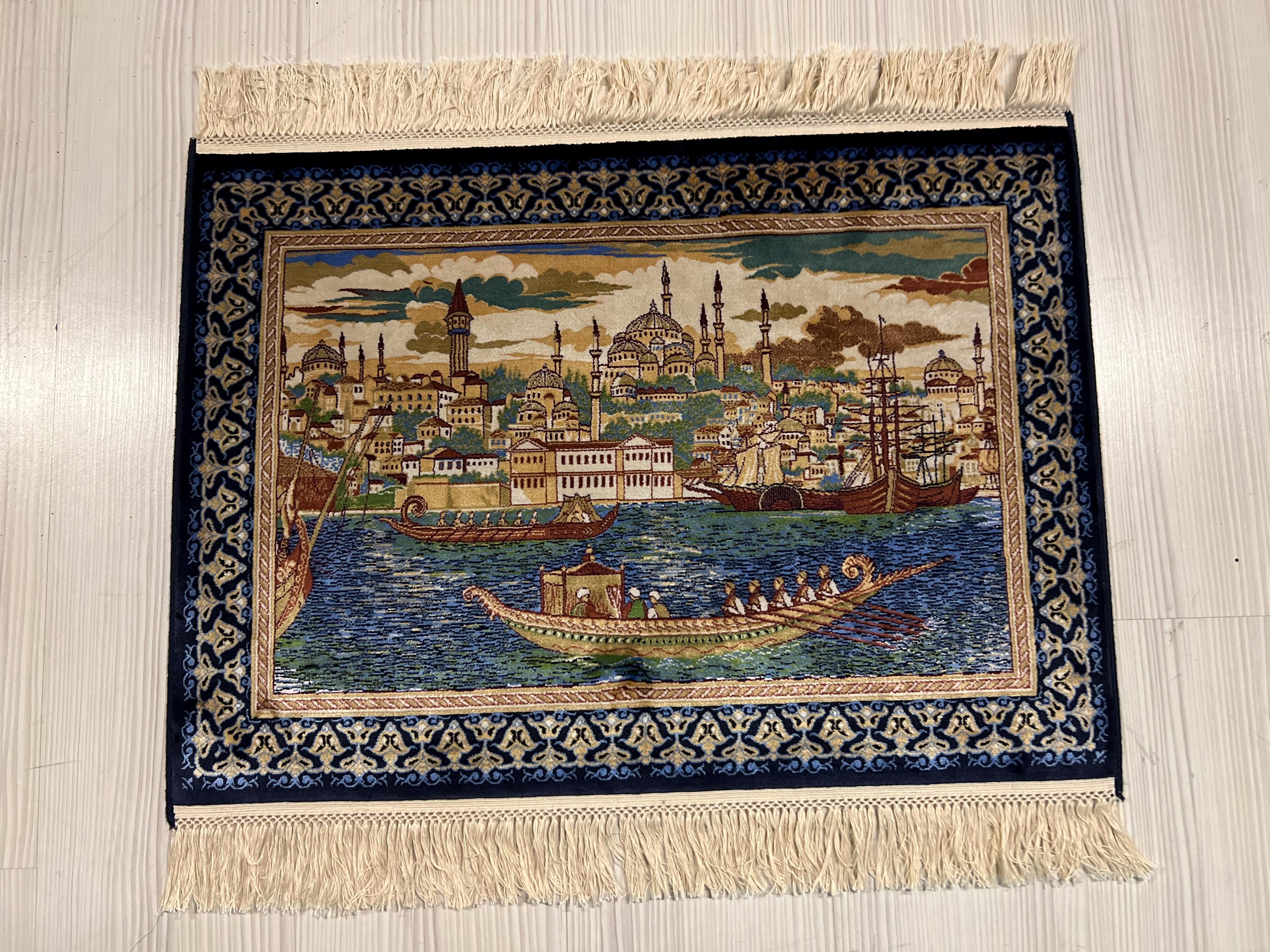 2x3 Sultanahmet Skyline Rug, Istanbul Cityscape Tableau, Ottoman Boats Scene, Blue Modal Silk Wall Decor