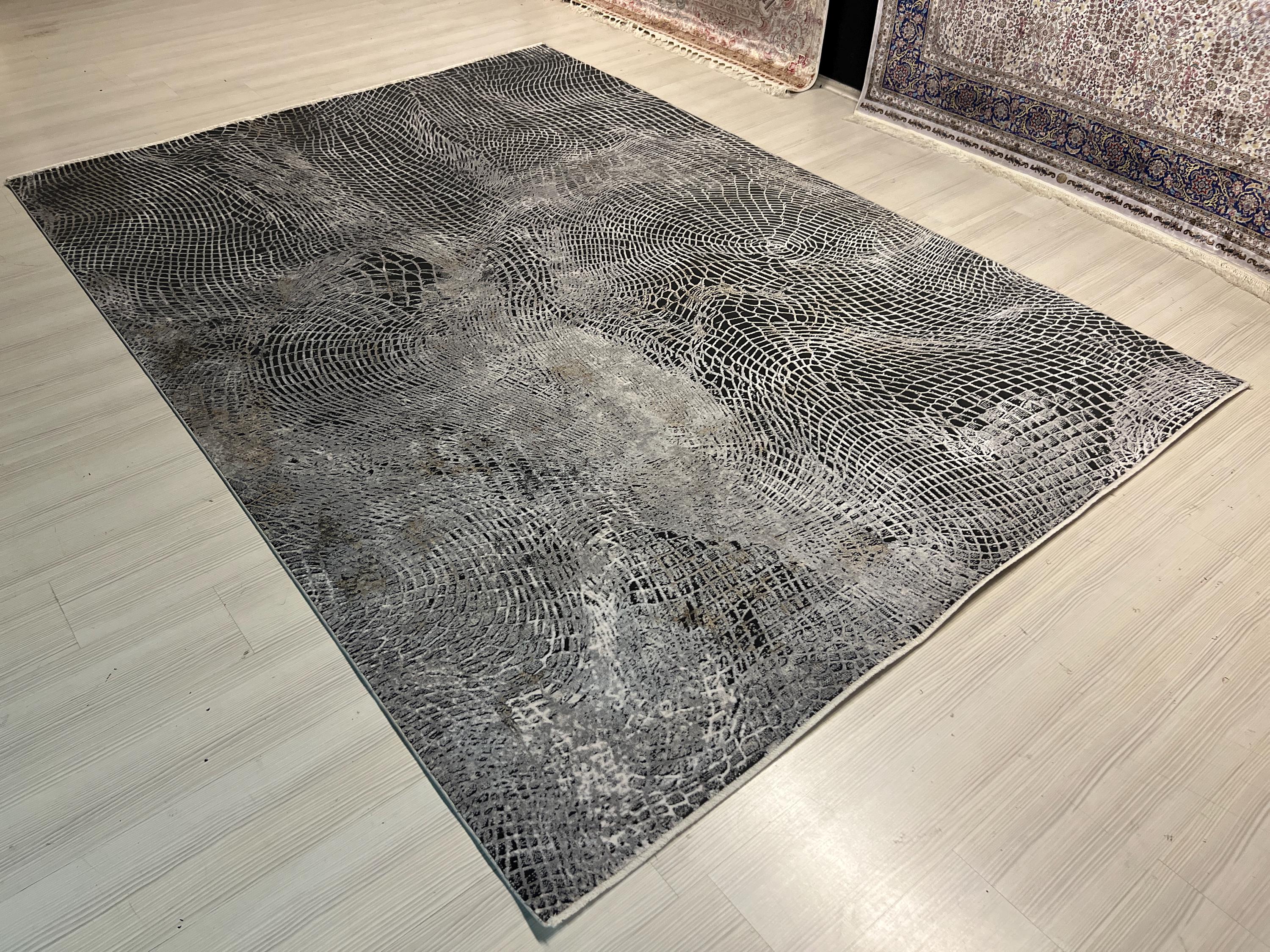7x10 ft Black and Gray Bamboo Acrylic Rug, Modern Living Room Carpet