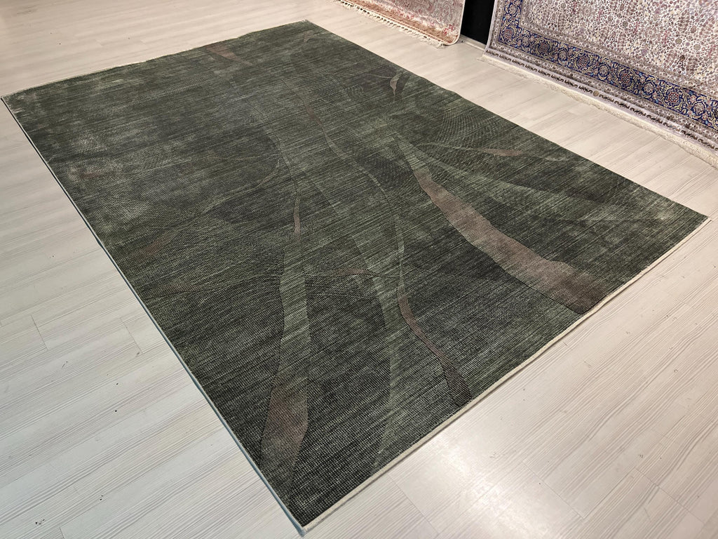 7x10 ft Green Gray Bamboo Rug, Modern Acrylic Silk Rug