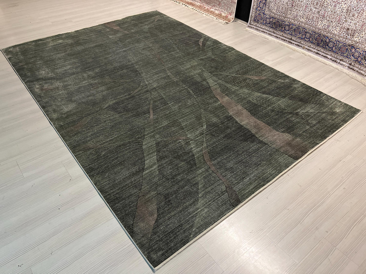 7x10 ft Green Gray Bamboo Rug, Modern Acrylic Silk Rug