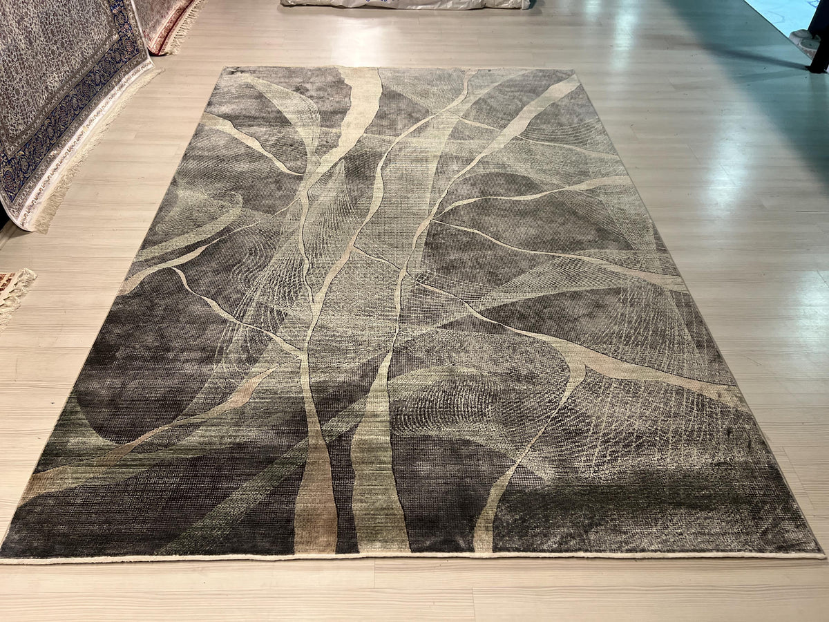 7x10 Modern Bamboo Blend Area Rug, Gray Beige Green Contemporary Living Room