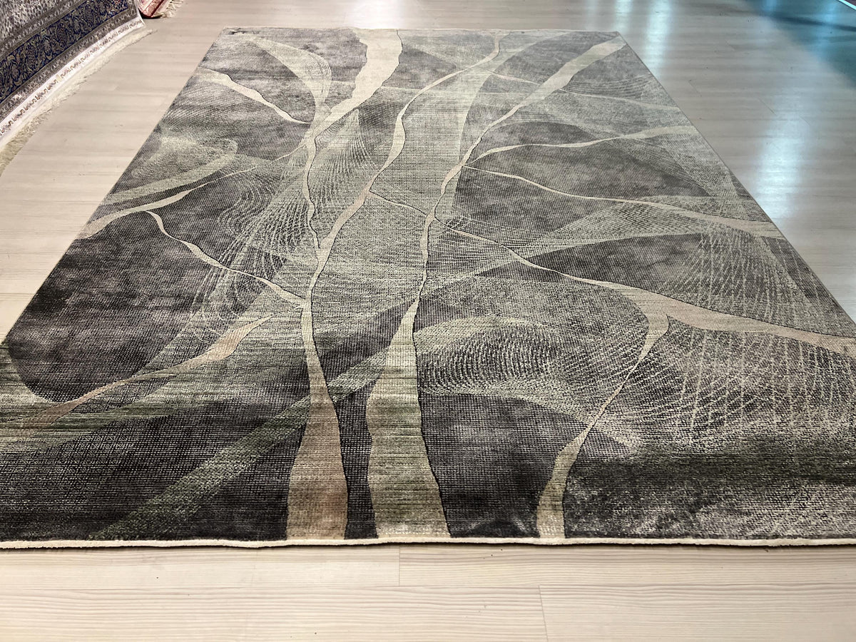 7x10 Modern Bamboo Blend Area Rug, Gray Beige Green Contemporary Living Room