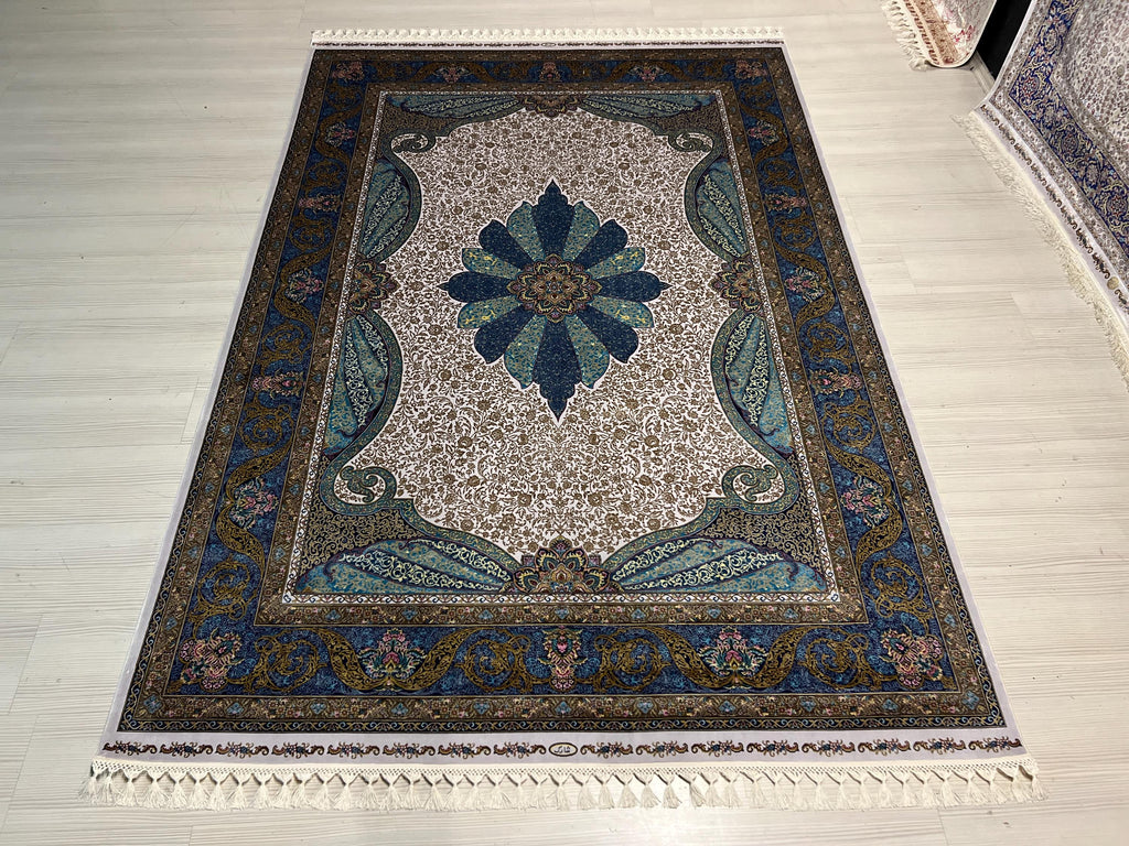 Blue Gray Medallion Modal Silk Rug, Turkish Anatolian Style (5X8 ft)
