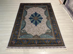 Blue Gray Medallion Modal Silk Rug, Turkish Anatolian Style (5X8 ft)