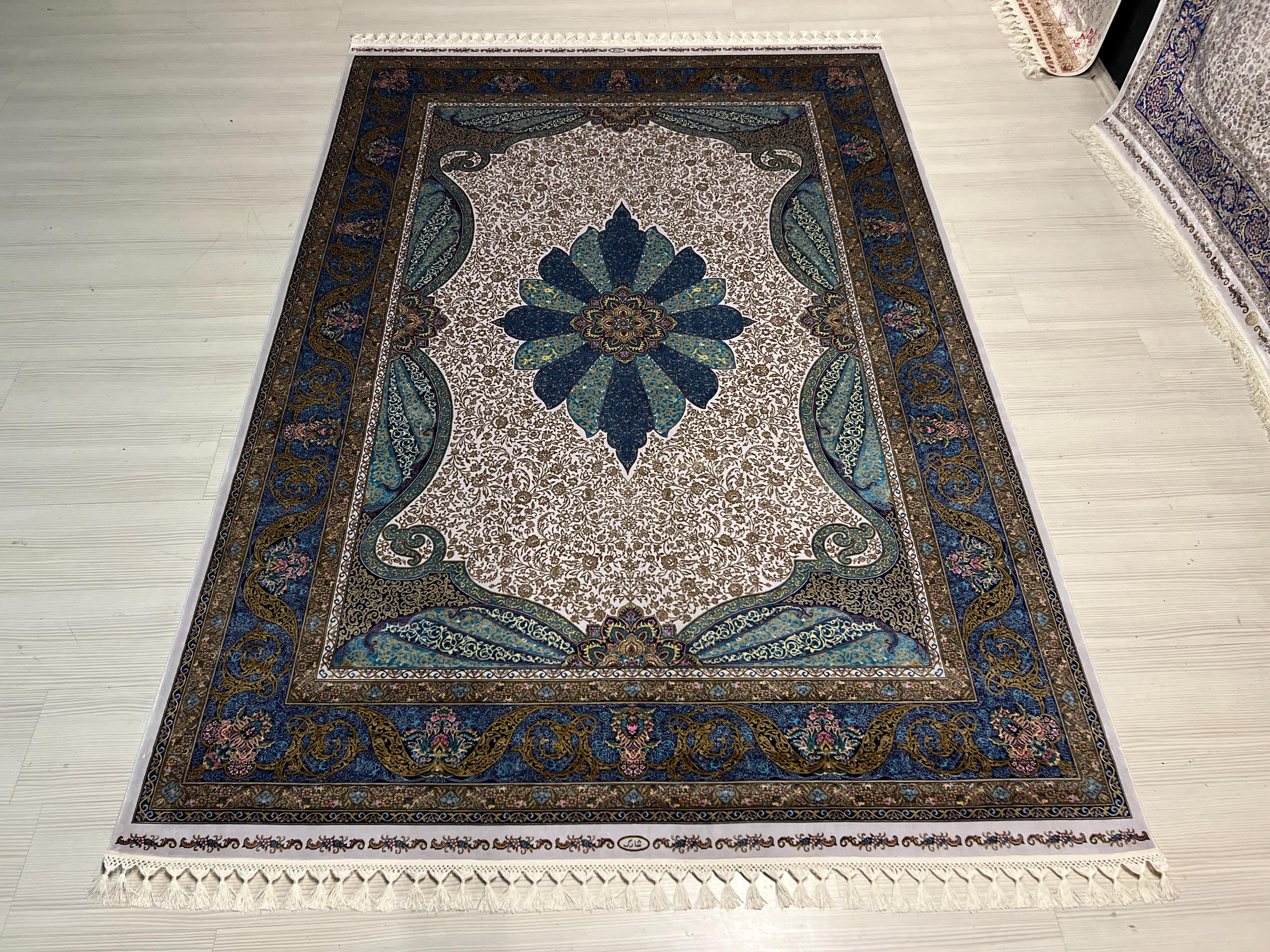 Blue Gray Medallion Modal Silk Rug, Turkish Anatolian Style (5X8 ft)