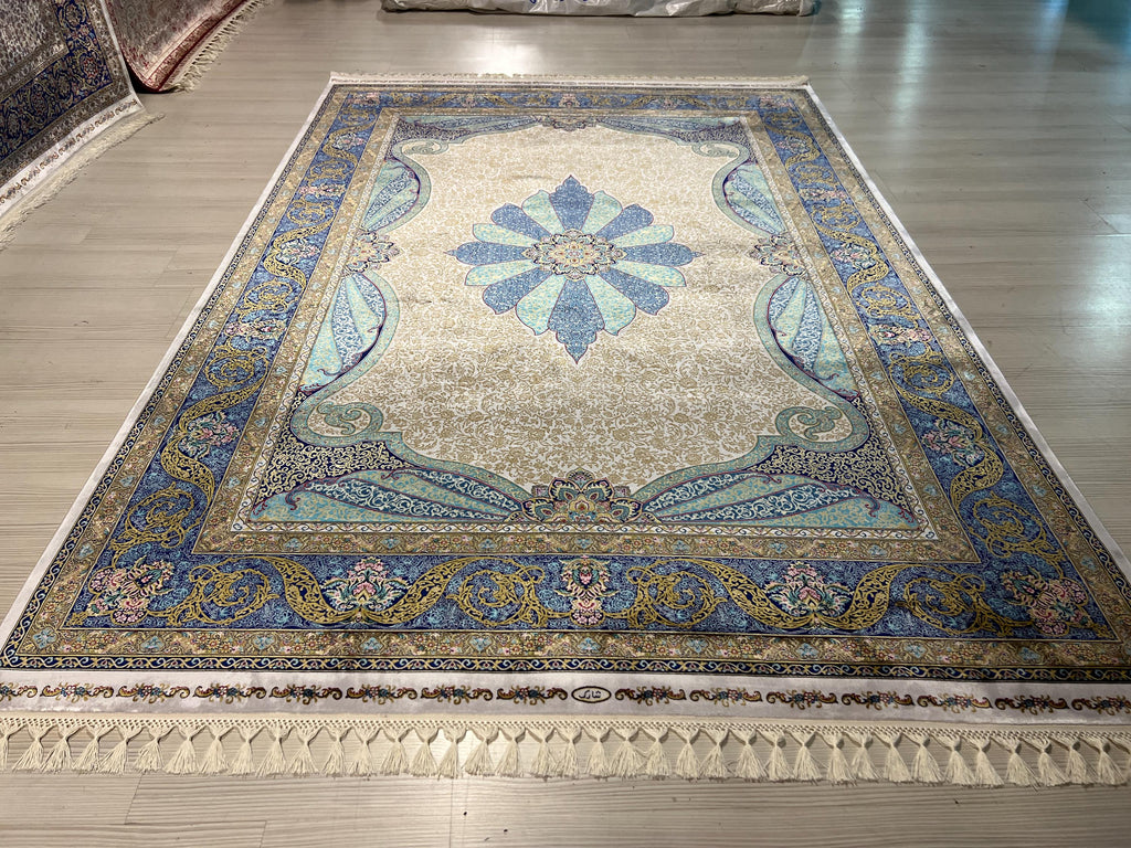 Blue Gray Medallion Modal Silk Rug, Turkish Anatolian Style (5X8 ft)