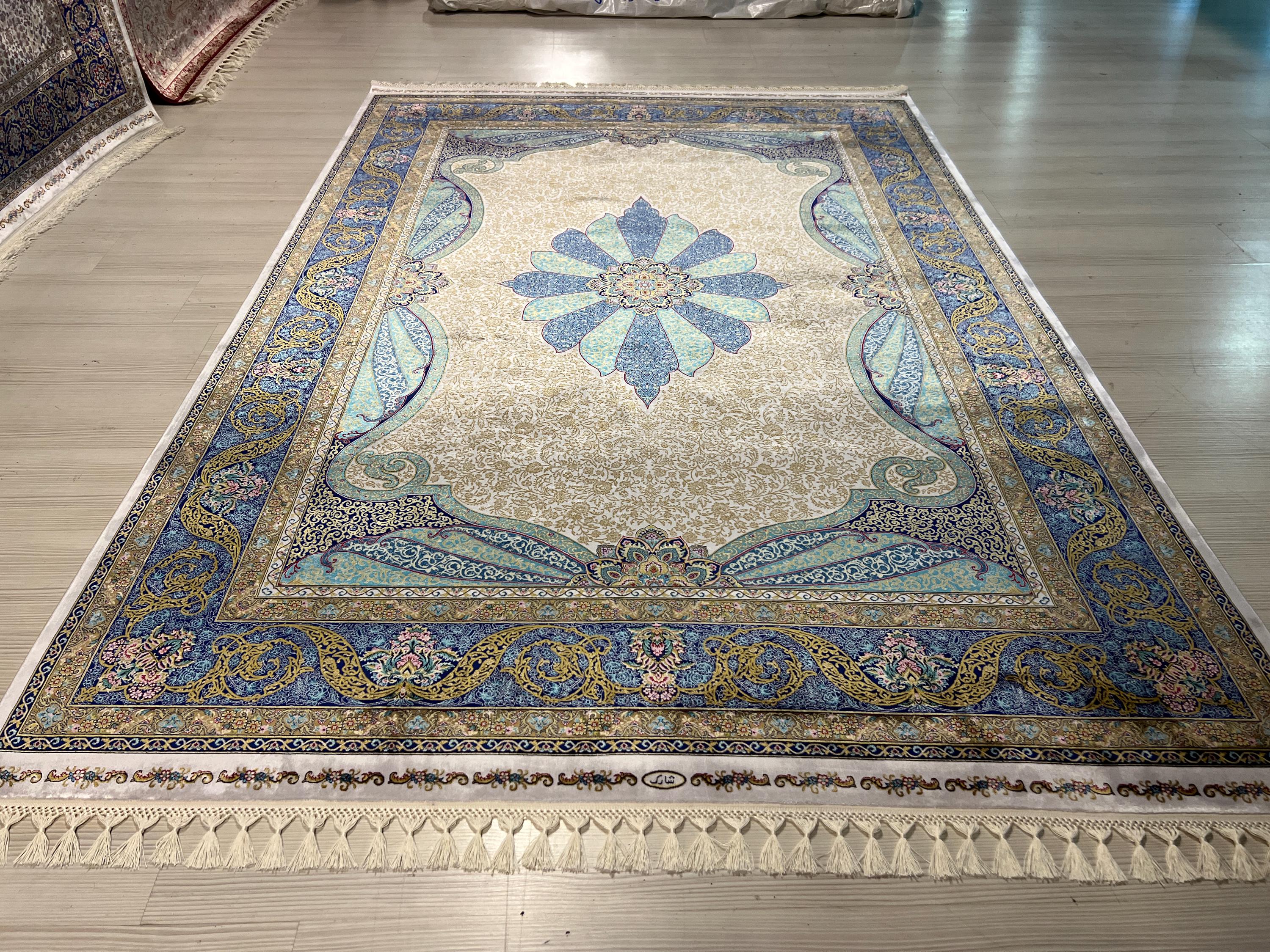 Blue Gray Medallion Modal Silk Rug, Turkish Anatolian Style (5X8 ft)