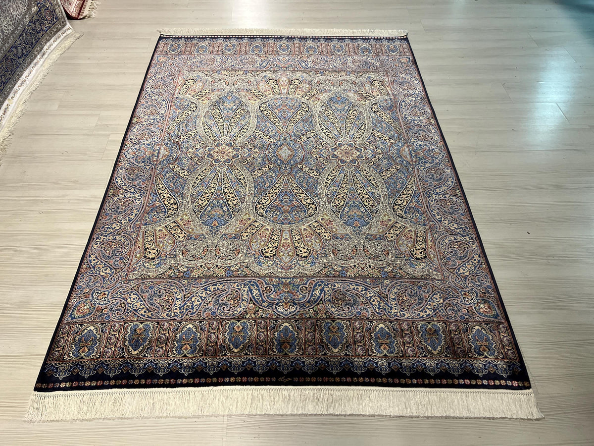 5x8 ft Navy Blue Silk Rug, Modern Luxury Living Room Rug