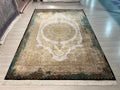 Gold Green Medallion Silk Rug, Turkish Anatolian Style (7x10 ft)