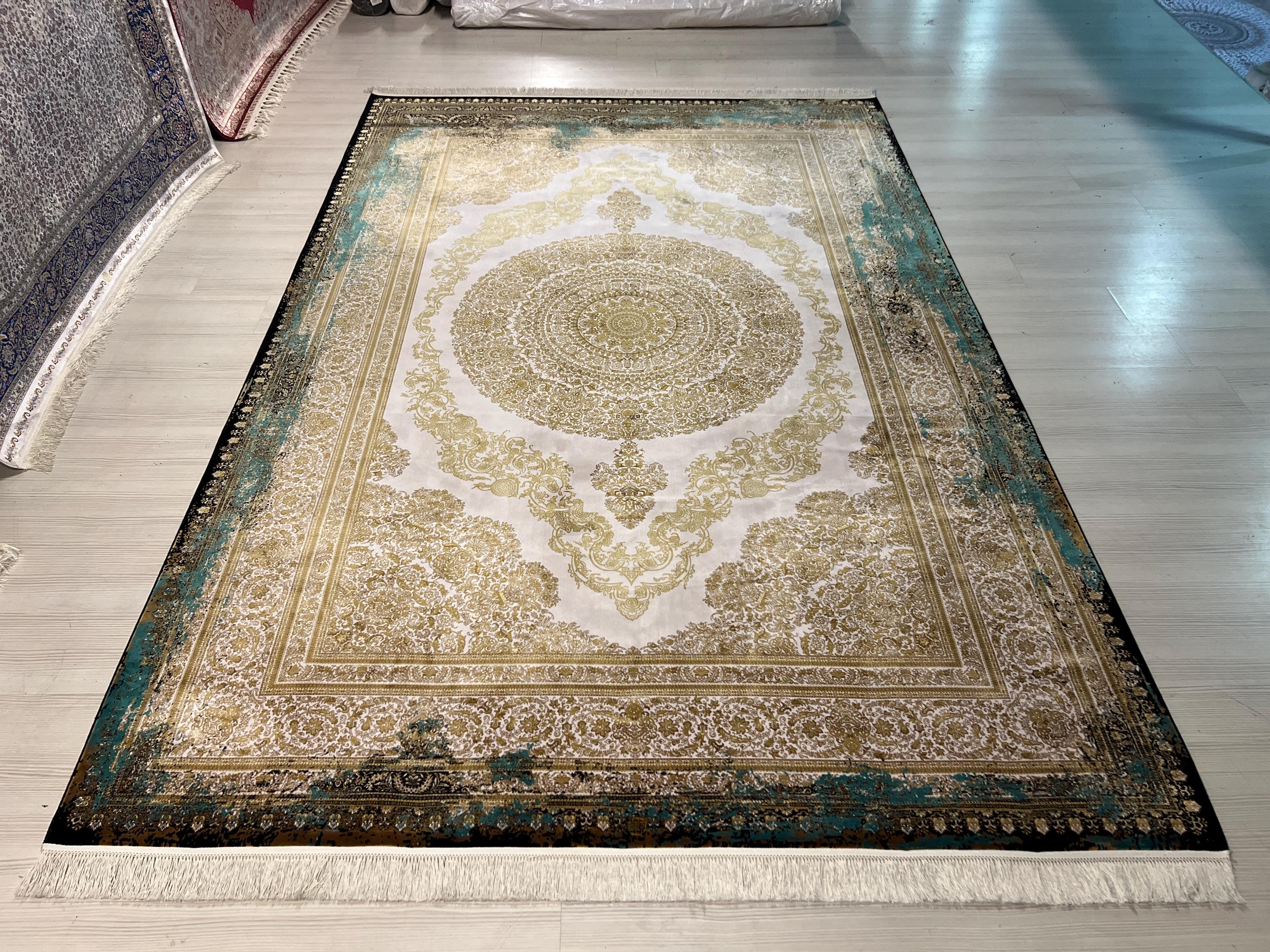 Gold Green Medallion Silk Rug, Turkish Anatolian Style (7x10 ft)