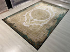 Gold Green Medallion Silk Rug, Turkish Anatolian Style (7x10 ft)