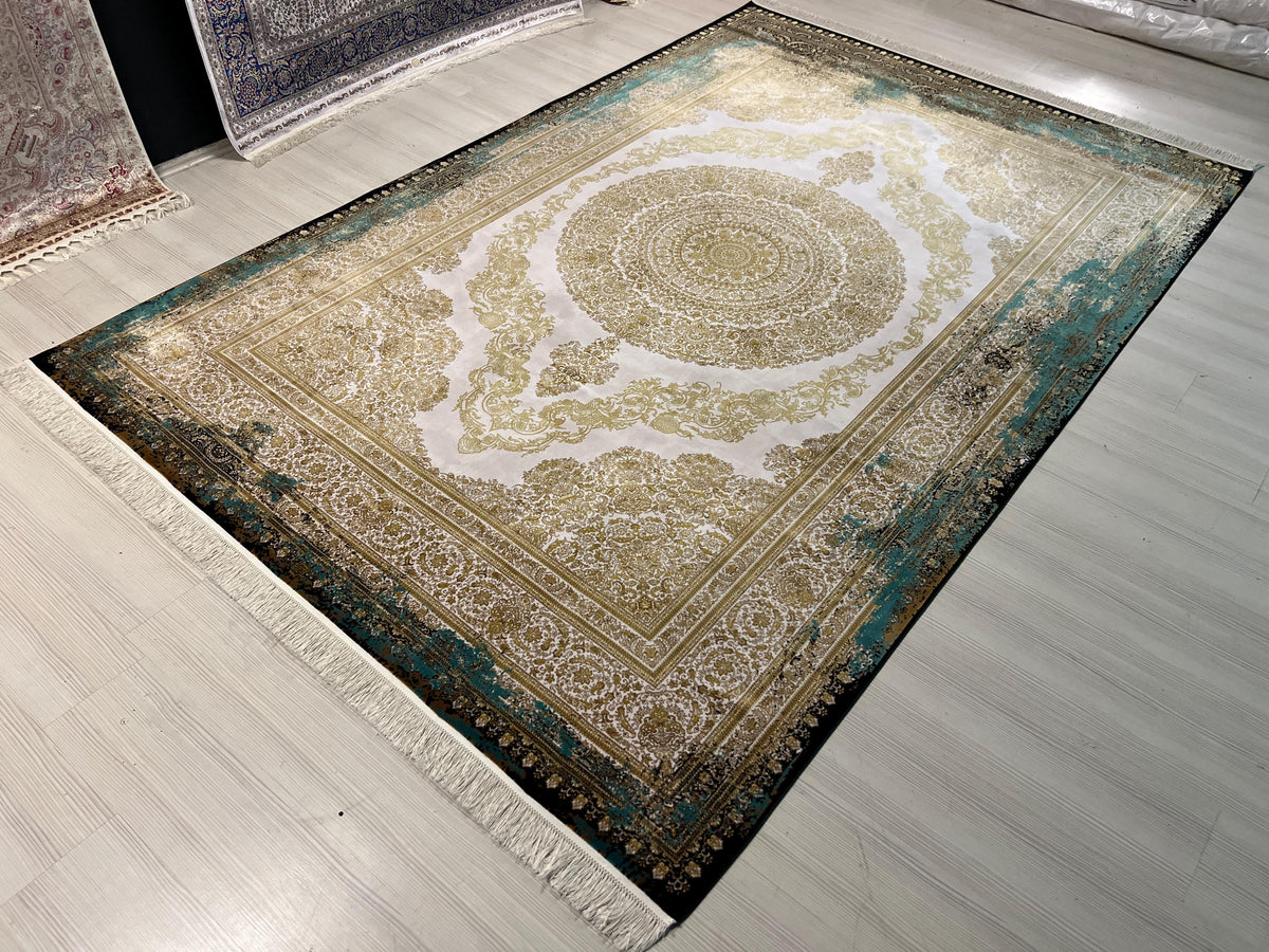 Gold Green Medallion Silk Rug, Turkish Anatolian Style (7x10 ft)
