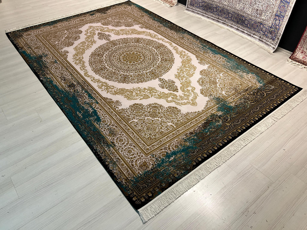 Gold Green Medallion Silk Rug, Turkish Anatolian Style (7x10 ft)