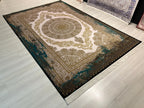 Gold Green Medallion Silk Rug, Turkish Anatolian Style (7x10 ft)