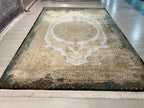 Gold Green Medallion Silk Rug, Turkish Anatolian Style (7x10 ft)