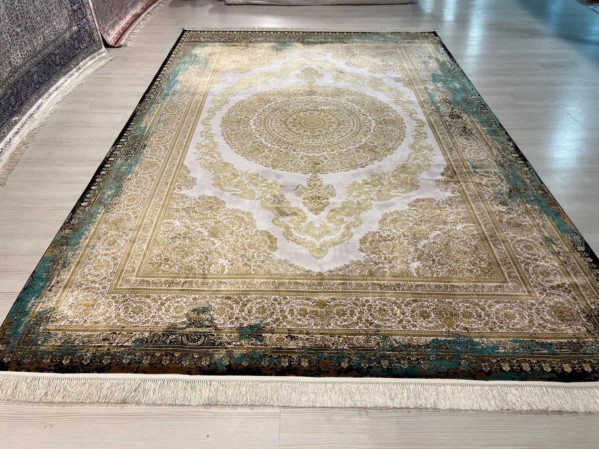 Gold Green Medallion Silk Rug, Turkish Anatolian Style (7x10 ft)