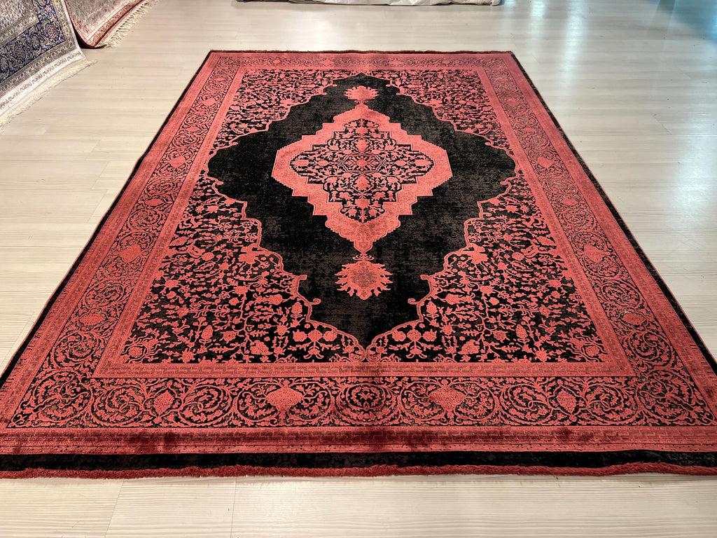 5x8 ft Black Bamboo Rug, Red Medallion Turkish Style Living Room Rug