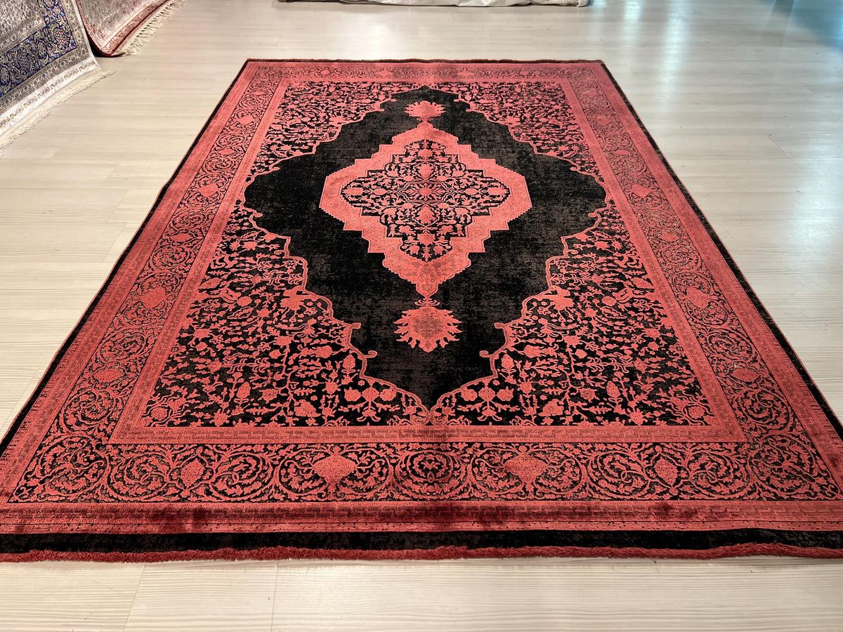 5x8 ft Black Bamboo Rug, Red Medallion Turkish Style Living Room Rug