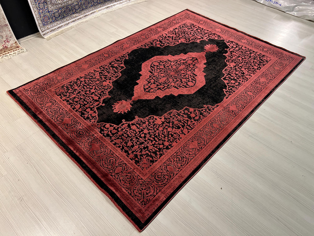 5x8 ft Black Bamboo Rug, Red Medallion Turkish Style Living Room Rug