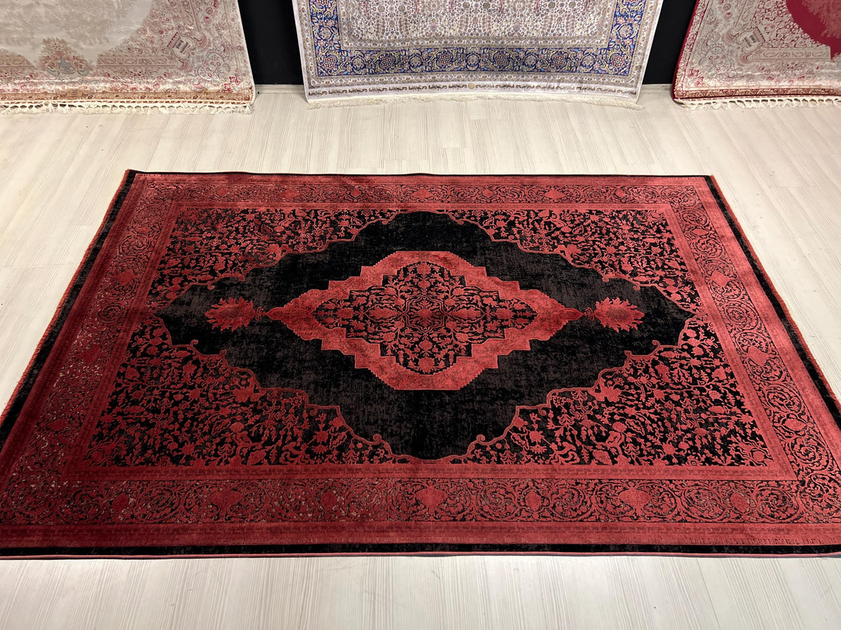 5x8 ft Black Bamboo Rug, Red Medallion Turkish Style Living Room Rug