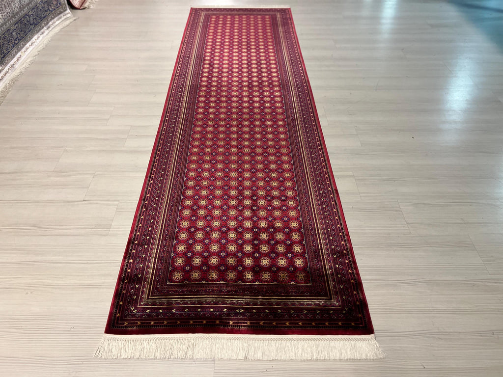 3x10 Red Bokhara Runner Rug, Geometric Gul Pattern, Turkish Hallway Decor