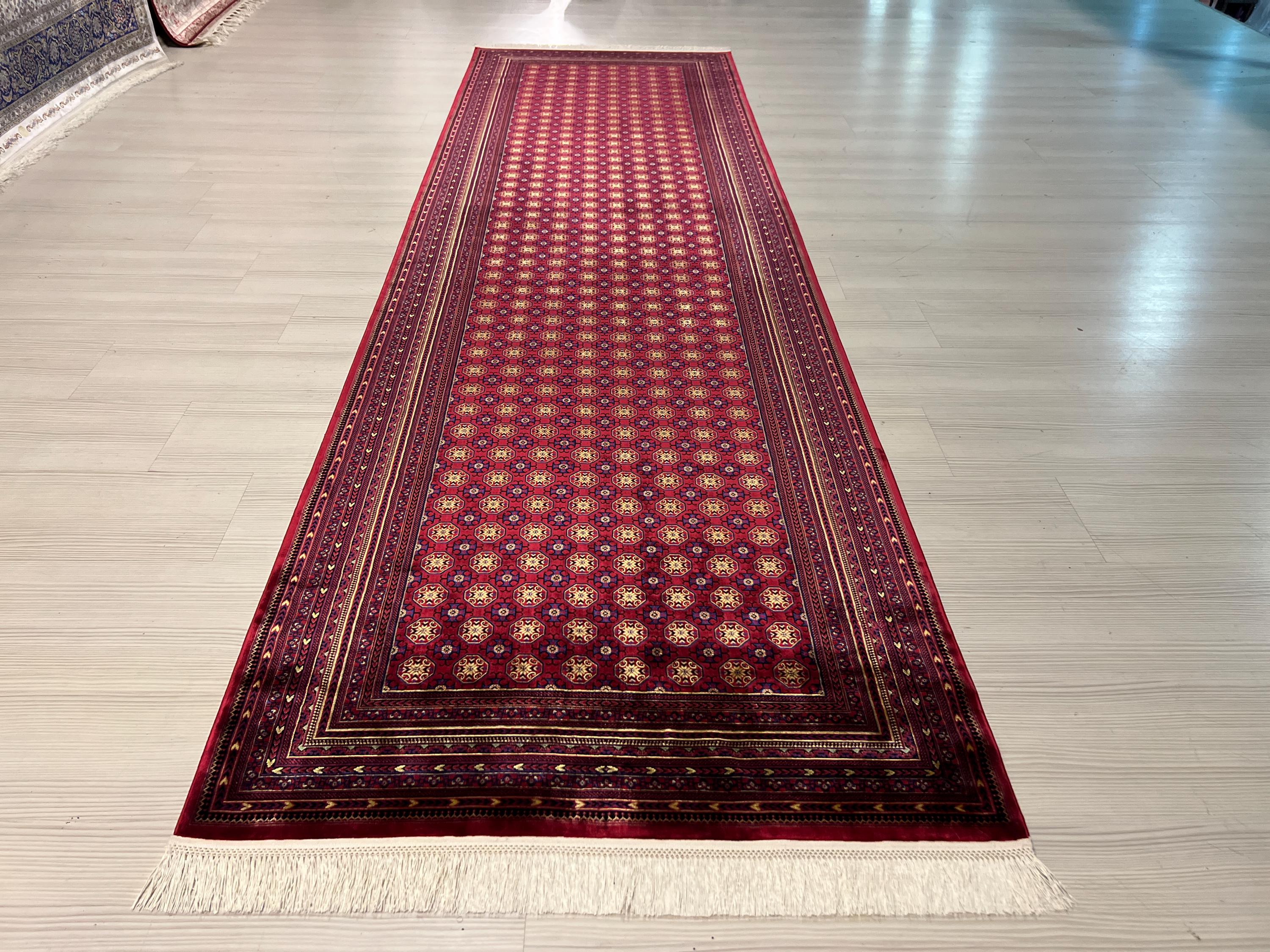 3x10 Red Bokhara Runner Rug, Geometric Gul Pattern, Turkish Hallway Decor