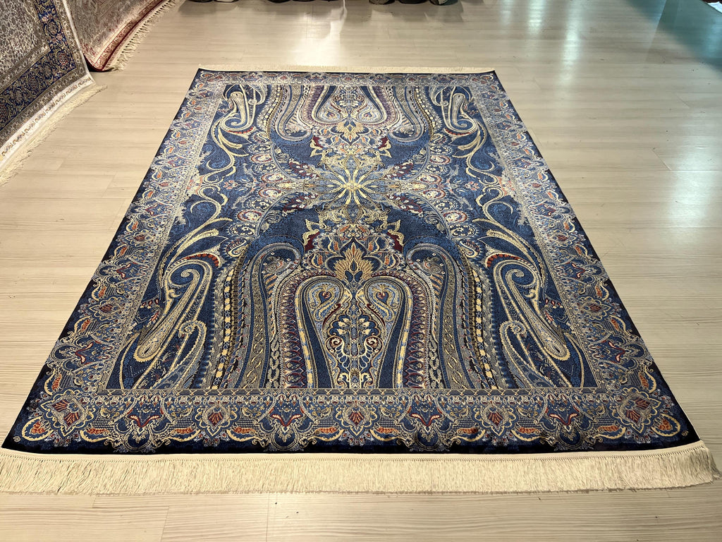 5x8 ft Blue Oriental Silk Rug, Modern Turkish Style Area Rug