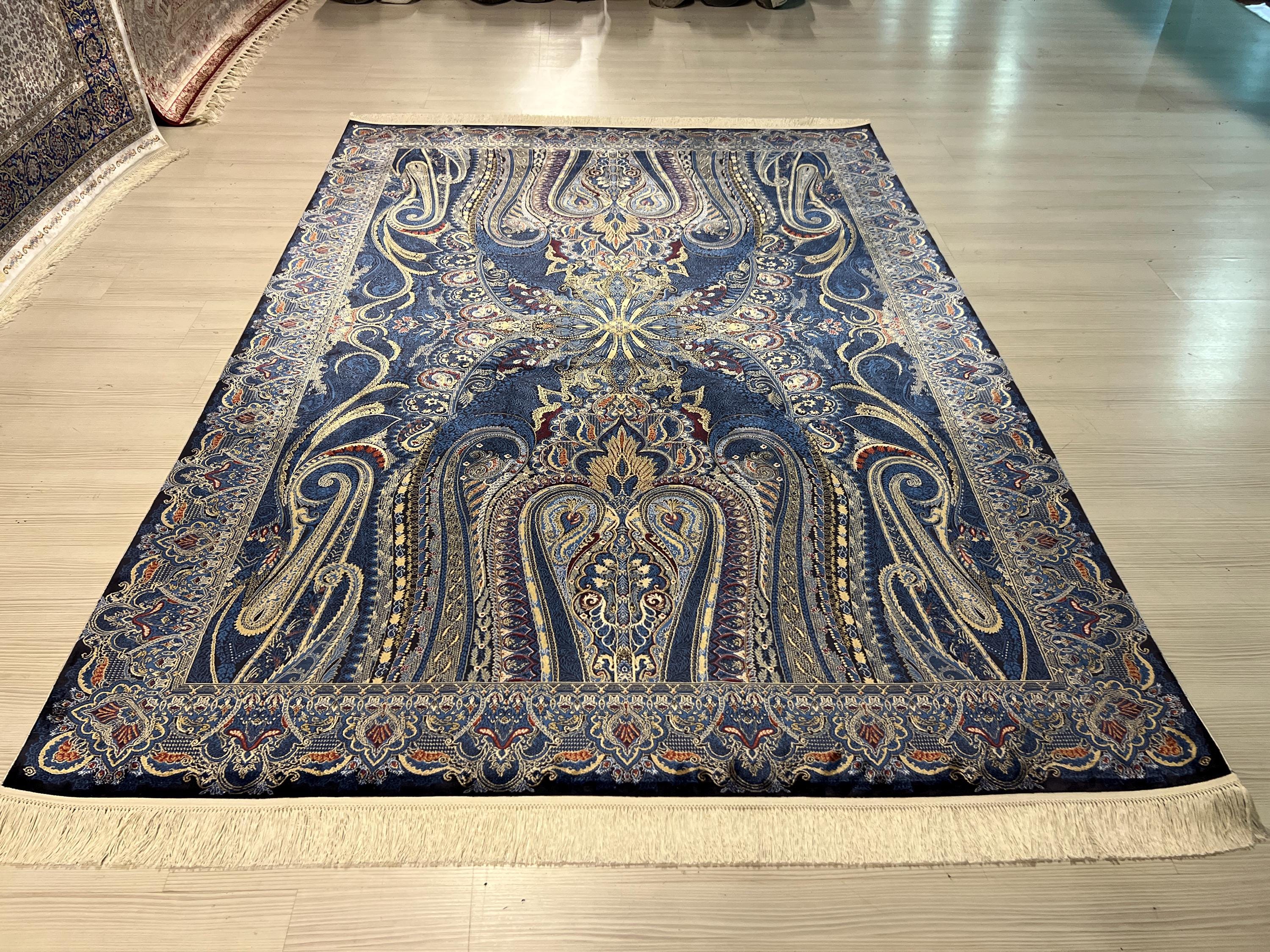 5x8 ft Blue Oriental Silk Rug, Modern Turkish Style Area Rug