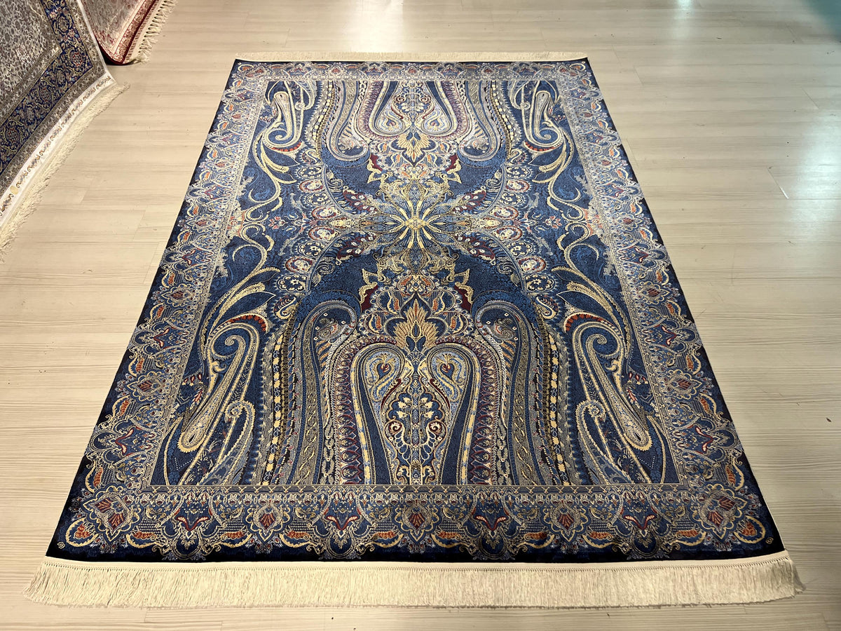 5x8 ft Blue Oriental Silk Rug, Modern Turkish Style Area Rug