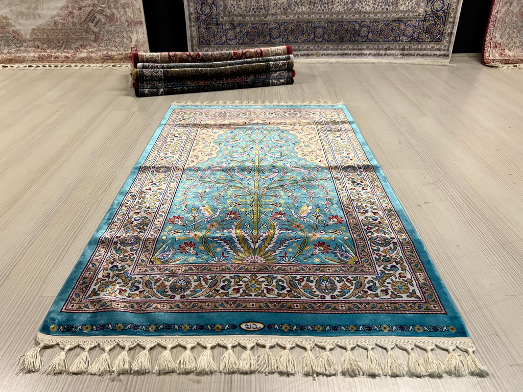 3x4 ft Turquoise Floral Modal Silk Prayer Rug, Muslim İslamic Turkish Style Gift