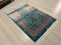 3x4 ft Turquoise Floral Modal Silk Prayer Rug, Muslim İslamic Turkish Style Gift