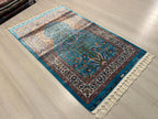 3x4 ft Turquoise Floral Modal Silk Prayer Rug, Muslim İslamic Turkish Style Gift