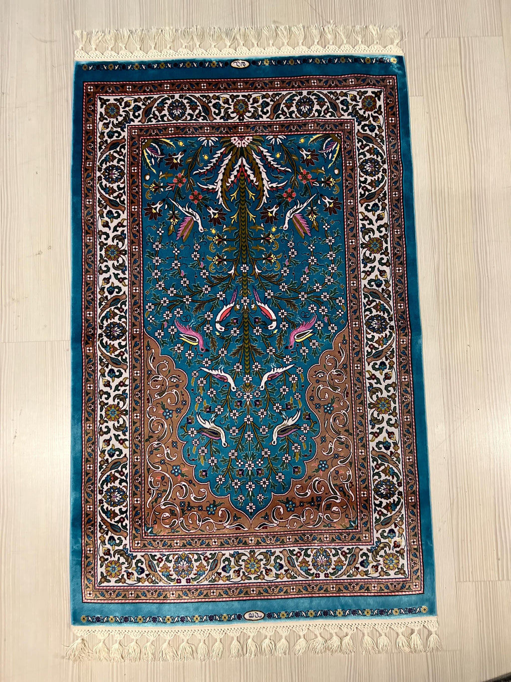 3x4 ft Turquoise Floral Modal Silk Prayer Rug, Muslim İslamic Turkish Style Gift