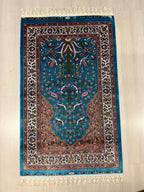 3x4 ft Turquoise Floral Modal Silk Prayer Rug, Muslim İslamic Turkish Style Gift