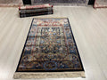 Navy Floral Vase Modal Silk Rug, Luxury Turkish Accent Carpet