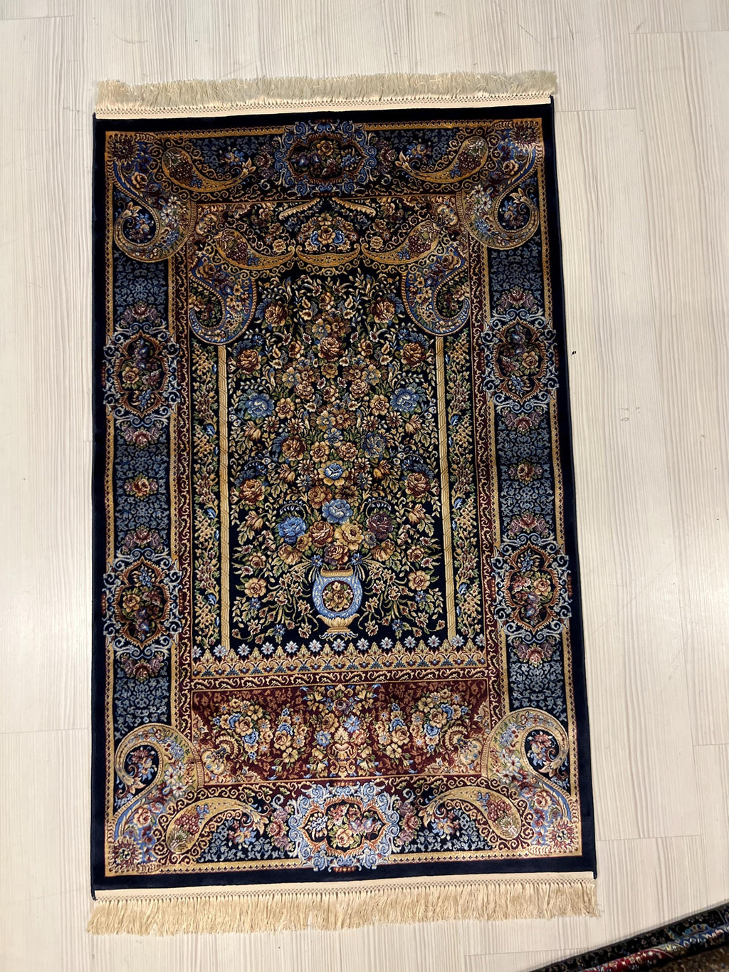 Navy Floral Vase Modal Silk Rug, Luxury Turkish Accent Carpet