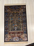 Navy Floral Vase Modal Silk Rug, Luxury Turkish Accent Carpet