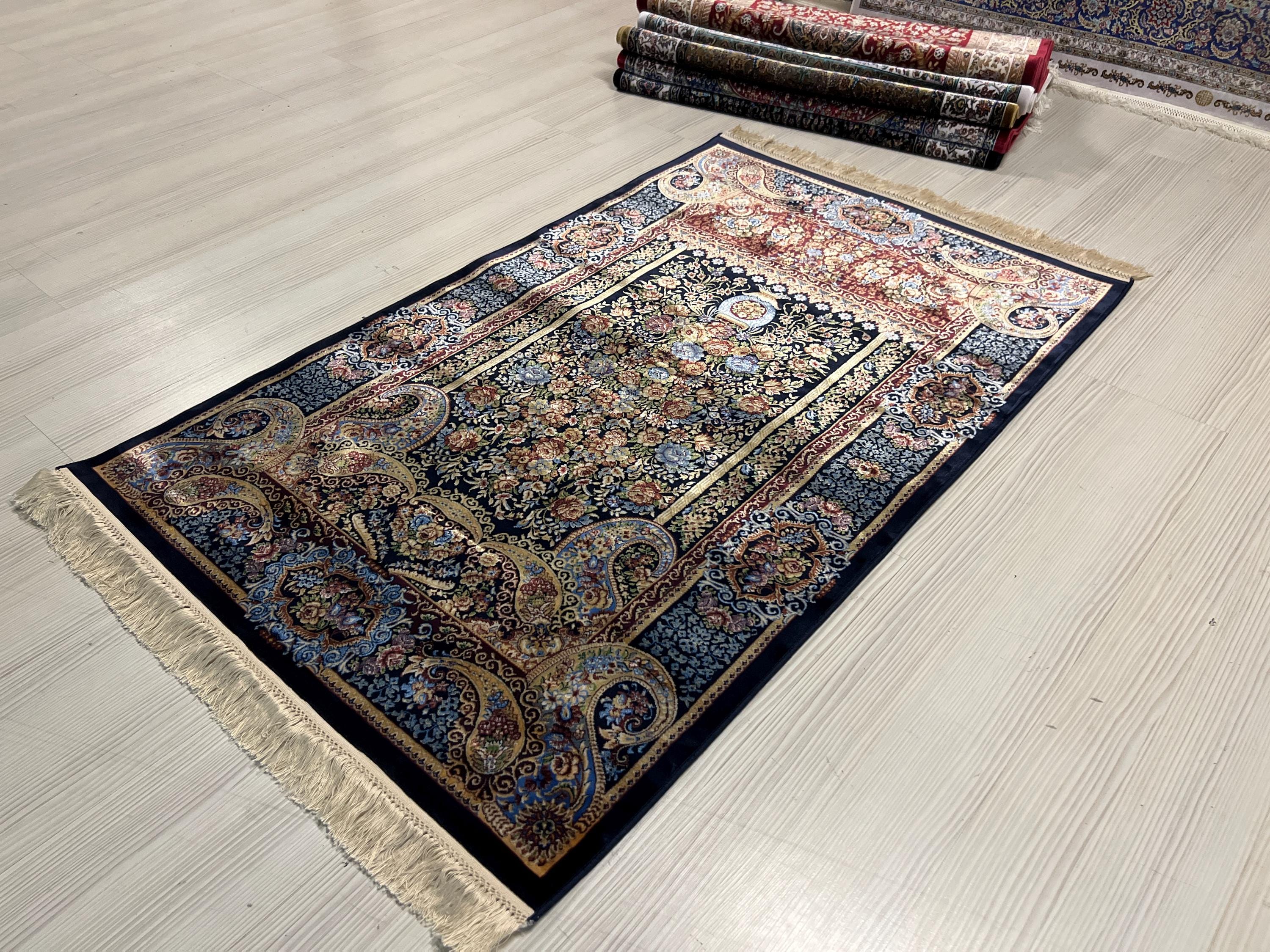 Navy Floral Vase Modal Silk Rug, Luxury Turkish Accent Carpet