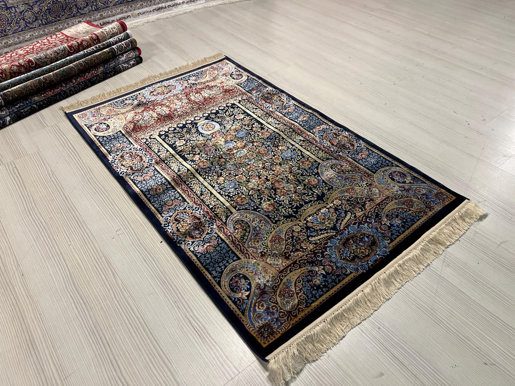 Navy Floral Vase Modal Silk Rug, Luxury Turkish Accent Carpet