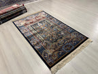 Navy Floral Vase Modal Silk Rug, Luxury Turkish Accent Carpet