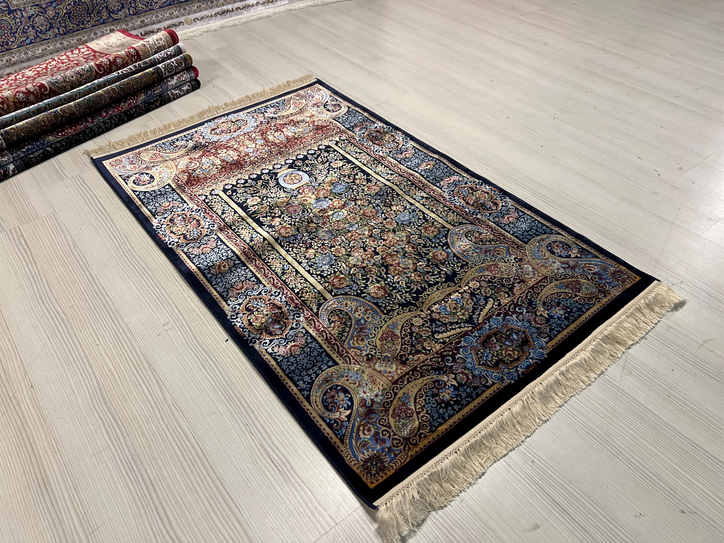Navy Floral Vase Modal Silk Rug, Luxury Turkish Accent Carpet